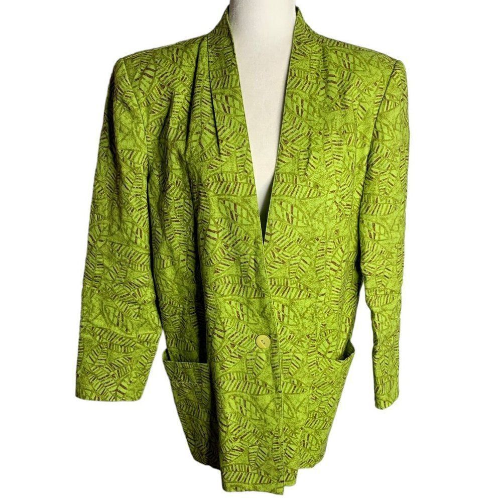 Vintage 90s Diane Gilman Linen Blazer Jacket M Green Leaves Oversized